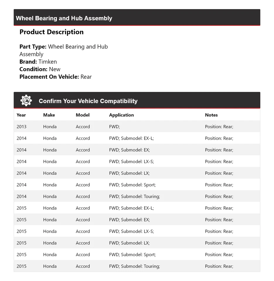 Подшипник колеса полного привода и ступица в сборе задние для Honda Accord 2013-2015 годов выпуска Timken 2014 - Изображение 2 из 4