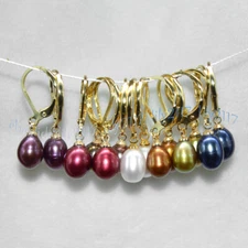 Multicolor 7-8mm Natural Freshwater Rice Pearl Dangle Gold Leverback Earrings