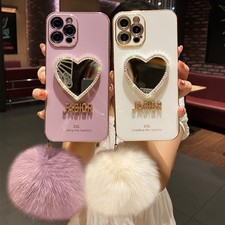 For Apple 16/15/14/13/12/ 11 Hairball Rhinestone Love Mirror Case Tempered Film