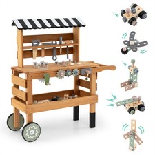2in1 Wooden Kids Tool Bench  Rolling Cart Pretend Play Workshop Toy for Age 3 