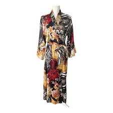Natori Kimono Robe Multicolor Floral Zebra Print Long Satin Belted Womens S