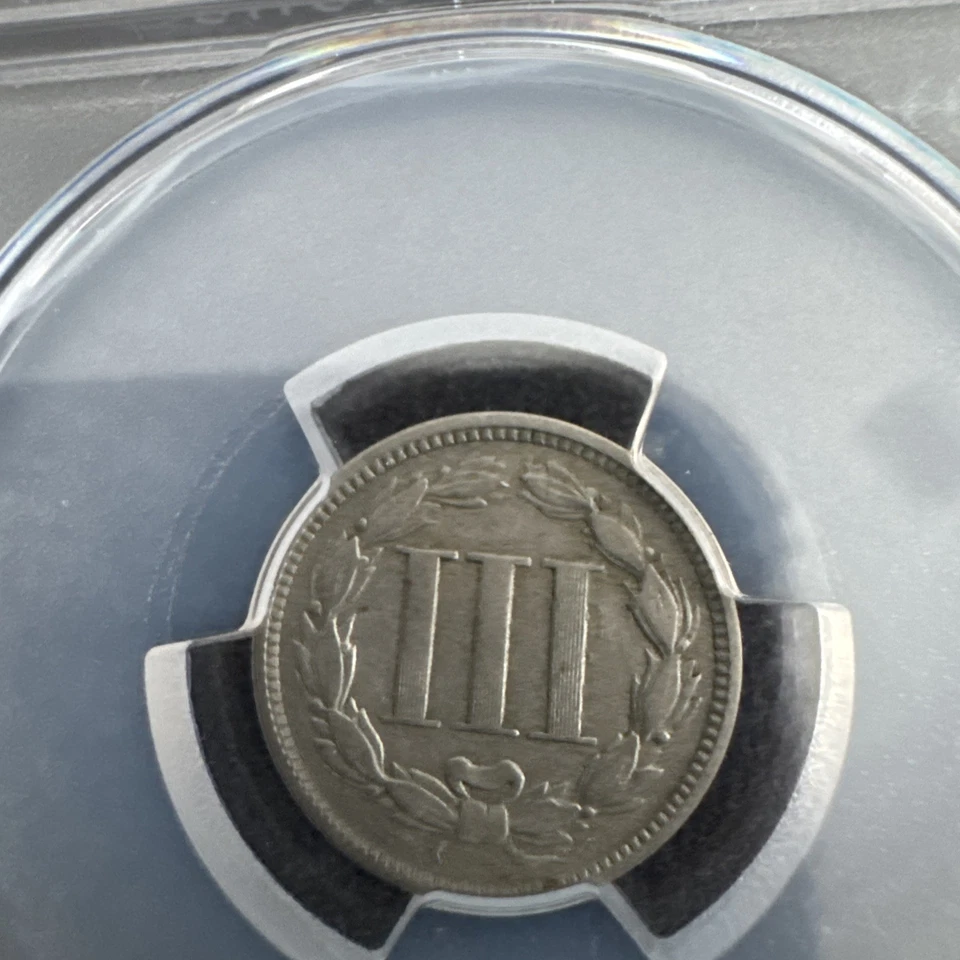 1865 3 Cent Nickel PCGS GENUINE CLEANED- F Details Obverse Lamination Mint Error - Image 4 of 4