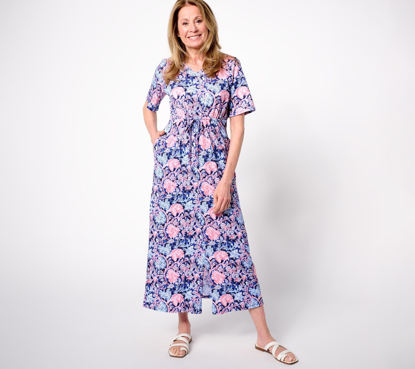 Stan Herman Women's Plus Sz Dress 2X Heirloom Floral Cotton Jersey Blue A675803