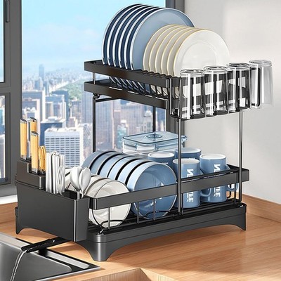 2 Level Over Sink Drying Rack Dish Drainer with Cutlery Holder Stainless Steel