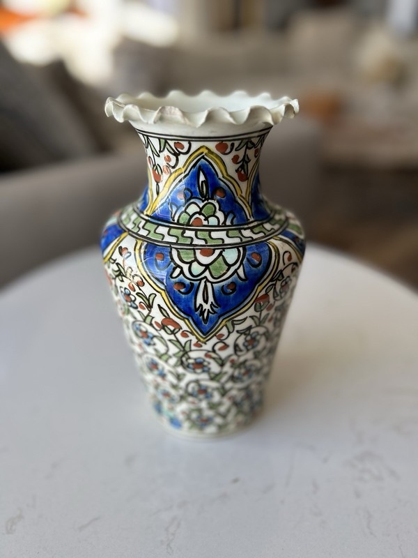 Vintage Hand-Painted  Vase – Persian / Iznik Style Floral Motif – Scalloped Rim