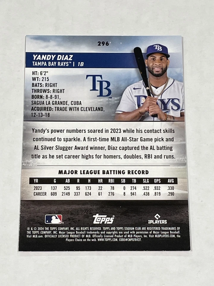 2024 Stadium Club Baseball Pink Foil #296 - Yandy Diaz - Tampa Bay Rays - Image 2 of 2