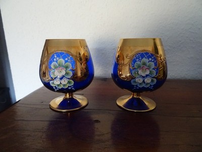 2 Orig. Bohemia Glas (TIS), Cognac Gläser, Kobalt blau mit Gold, handbemalt, TOP