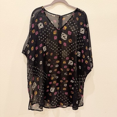 Women s Black Shirt Plus 1X Sheer Multicolor Design Top Cover Up Zipper Back