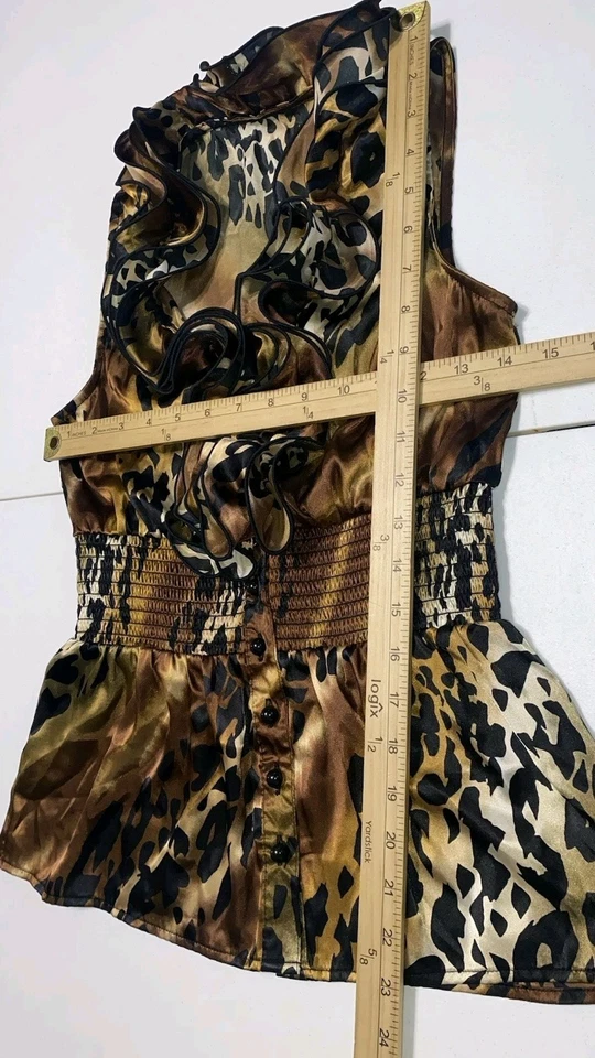 Top retro Y2k para mujer marrón leopardo con volantes cuello caprichoso grunge coqueta talla M Foto 3 de 3