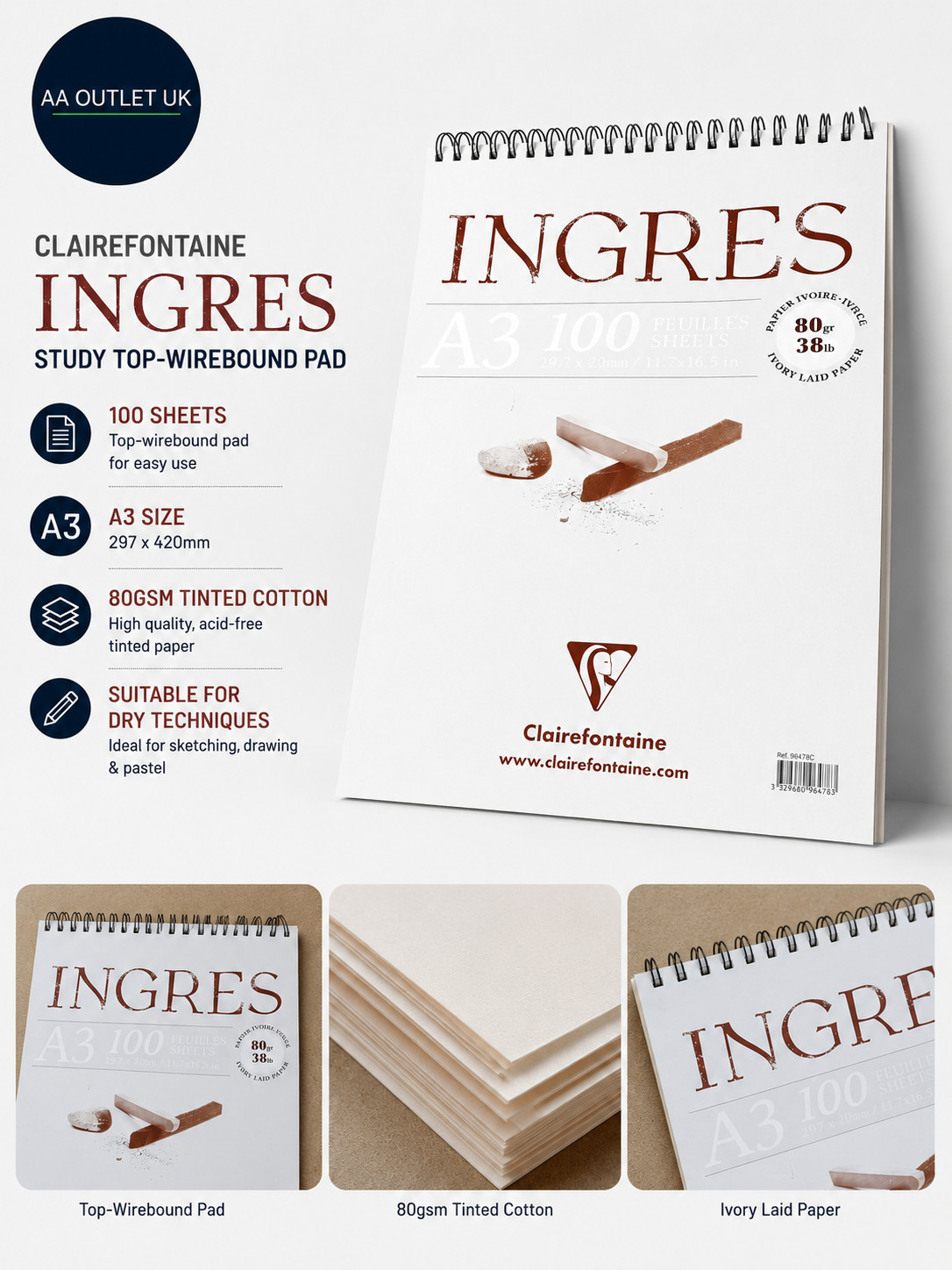 Clairefontaine Ref 96478C Ingres Study Top Wirebound Pad 100 Sheets A3 297x420mm