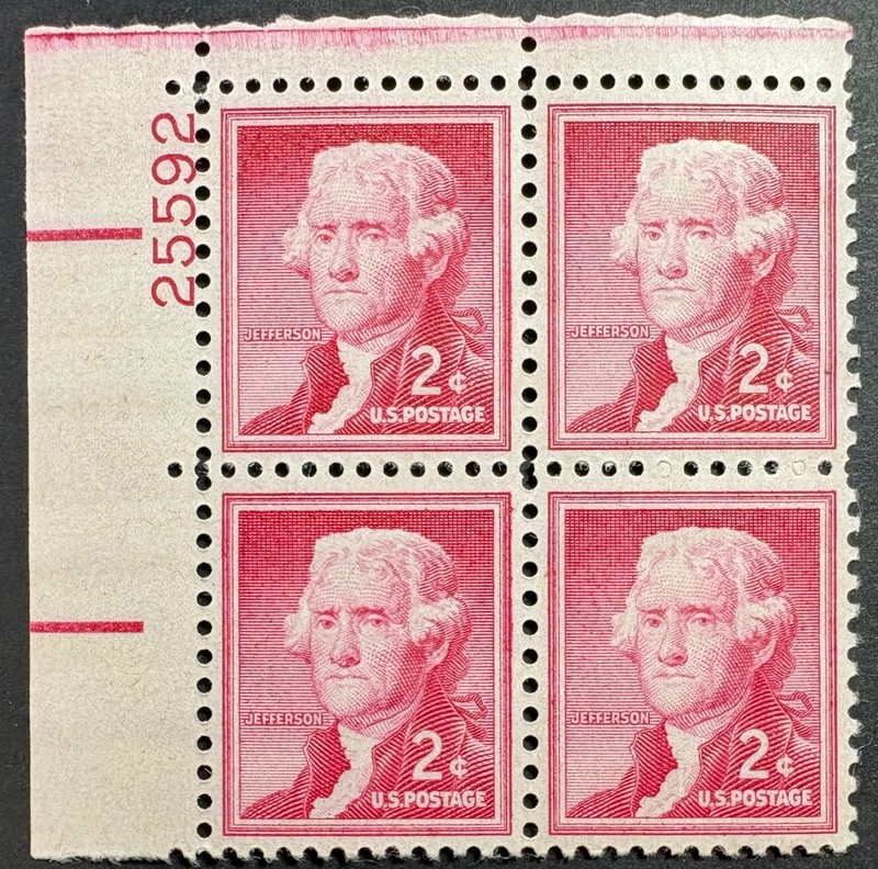 US Scott #1033, Thomas Jefferson, Liberty Series, P.B. of 4, 2¢ Stamp, MNH, VF