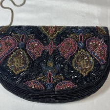 Vtg. Delill Beaded Paisley Evening Bag Clutch Glass Seed Beads Mini Purse Black