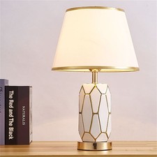 Contemporary Fabric Lampshade Table Lamp Metal Base Nightstand White Desk Light