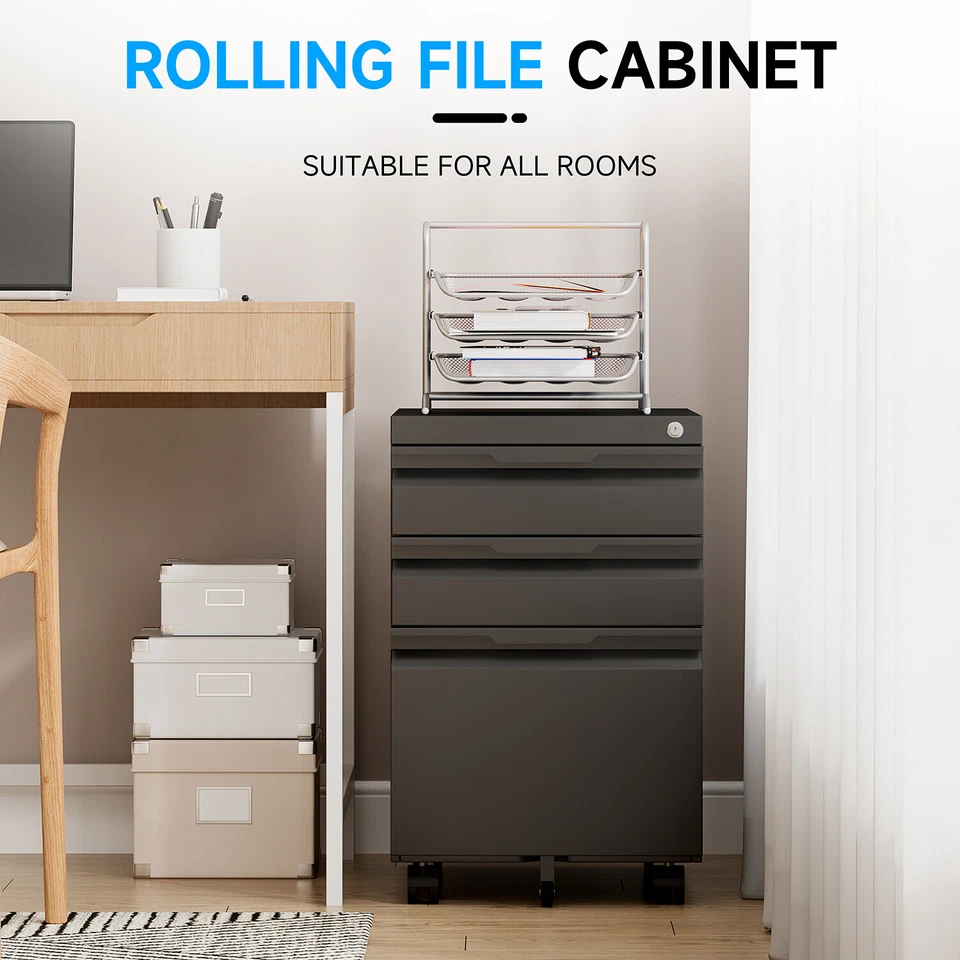 Archivador de 3 cajones con cerradura, archivador enrollable de oficina debajo del escritorio de almacenamiento Foto 3 de 4