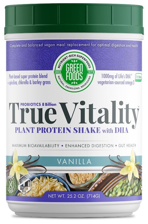 Растительный протеиновый коктейль True Vitality от Green Foods с порошком DHA и ванилью, 25,2 унции