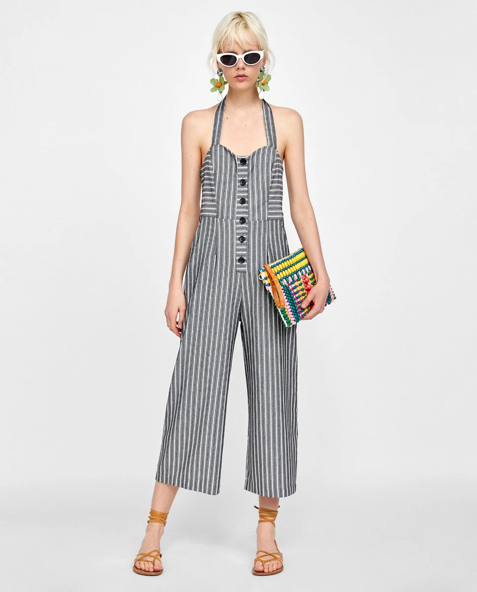 Duohropke Tutina da donna, senza maniche, con scollo a V, con tasche e cintura, con bottoni, sexy, a righe, per il tempo libero, con gamba larga, casual, per feste, Azzurro, S