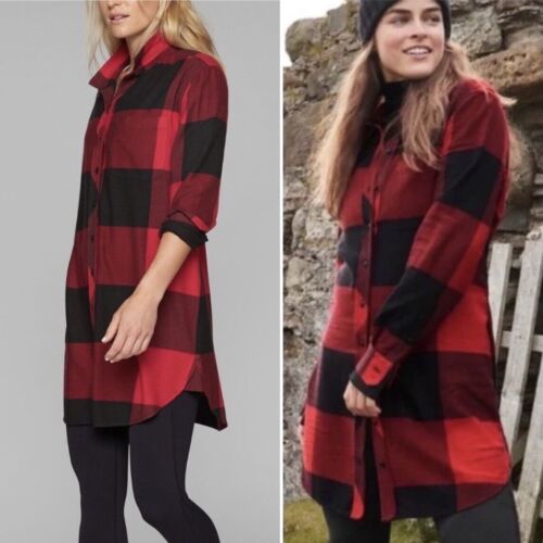 Athleta Trail To Town Buffalo Plaid Tunic SMALL Black Red Flannel Button Shirt - Picture 1 of 13