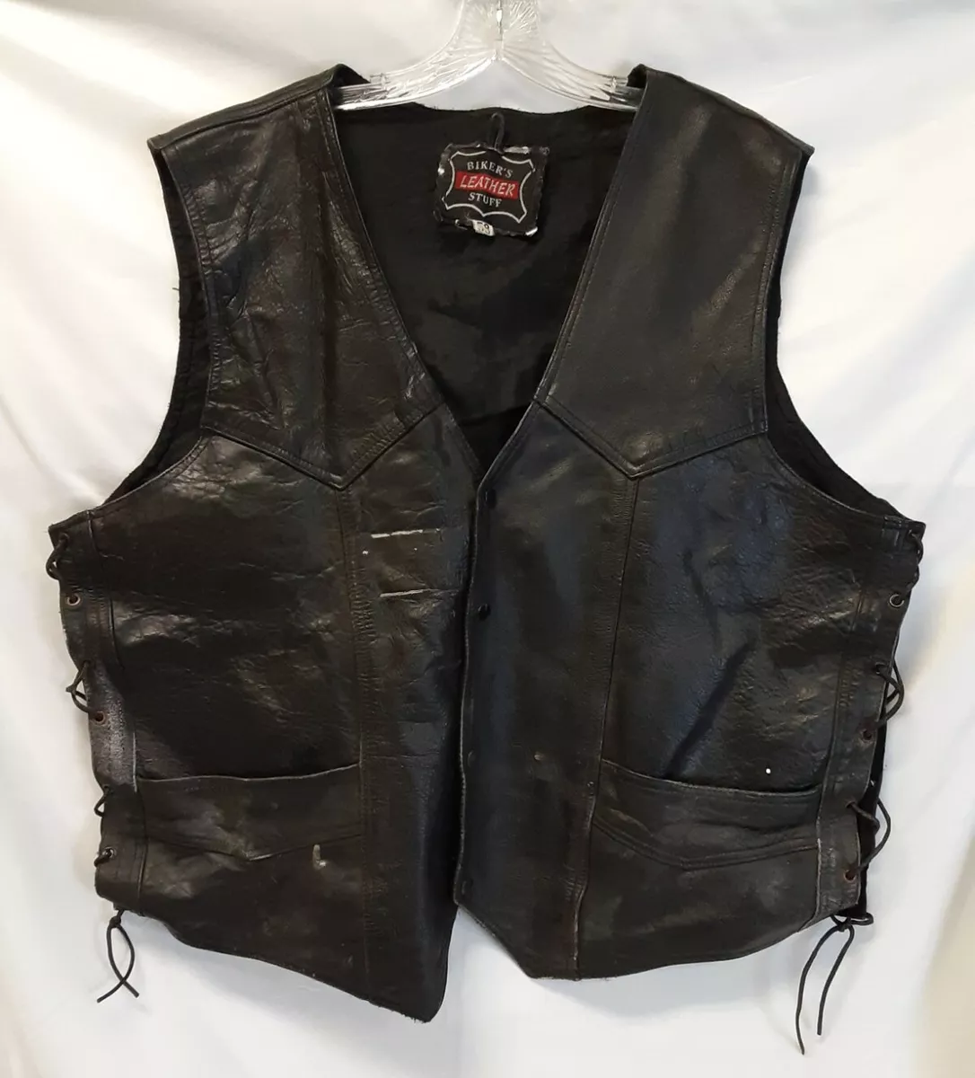 BIKERS LEATHER STUFF Vintage Leather Motorcycle VEST Size 58 Black ~ Well Worn