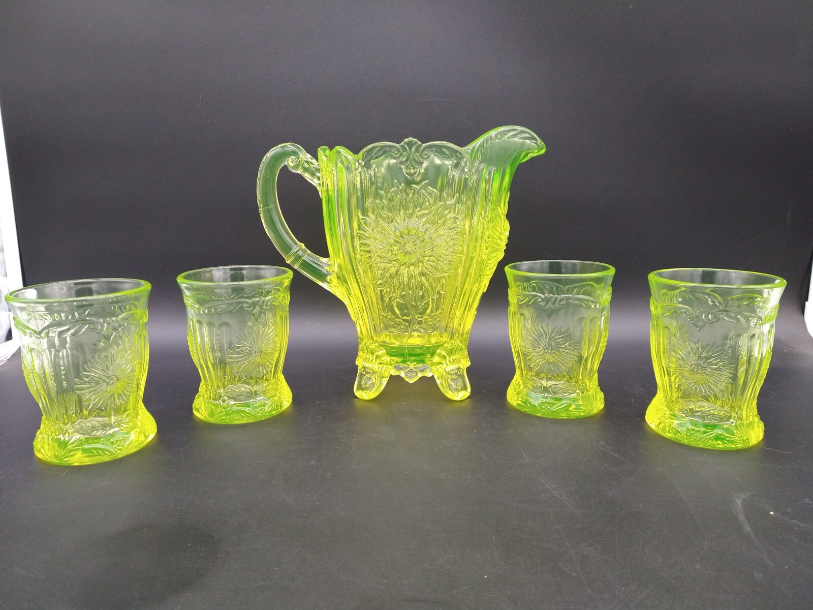 Mosser Vaseline Glass Dahlia Pattern Footed Pitcher Tumbler Glasses eBay