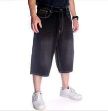 Mens Black Solid Loose Fit Wide Leg Denim Jeans Casual Hip Hop Shorts Breathable