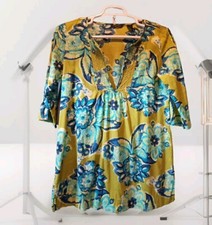 New York & Co Mini Dress Womens S Green Paisley Floral Mini Tunic Blouse Top