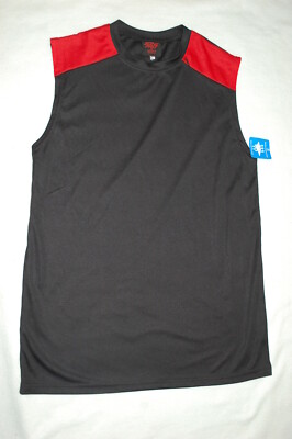 Mens ATHLETIC MUSCLE T-SHIRT Sleevlss BLACK w/ RED MESH SHLDR Moist Wick SIZE XL