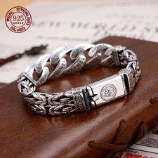 Sterling Silver S925 Men's Heavy Thick Clasp Cuban Chain Link Retro Bracelet