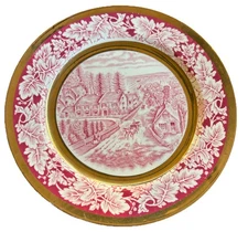 VTG Homer Laughlin Pink/Ivory Plate 22kt Gold Trim Currier & Ives Home Holiday