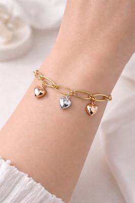 14k Tr-Farbe Creolen & Schlaufen 5 gepuffte Herzen ovale Glieder Gelbgold Armband 7,5''