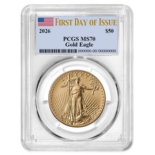 Presale - 2026 $50 1-oz American Gold Eagle PCGS MS70 FDOI Flag Label 5130.22 per troy oz