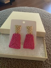 Dark pink Raffia Pierced Stud Drop Earrings With Gold Tone Trim