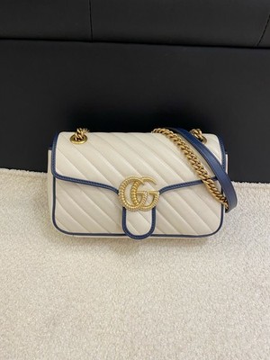 Gucci GG Marmont 26 White Blue Leather Chain Shoulder Bag Duty Paid