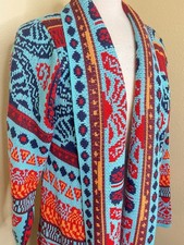 Colorful Fringed Duster Cardigan Sweater Tassel Knit Open Front Sz L XL Boho
