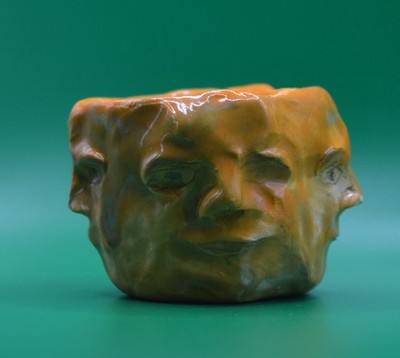 ''Orange Strange Faces 2'' - Abstract Original Clay Sculpture. Hand made & glazed.