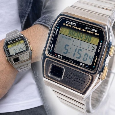 Vintage CASIO BP-300 Digital Watch 90s Retro Futuristic Silver Stainless Steel