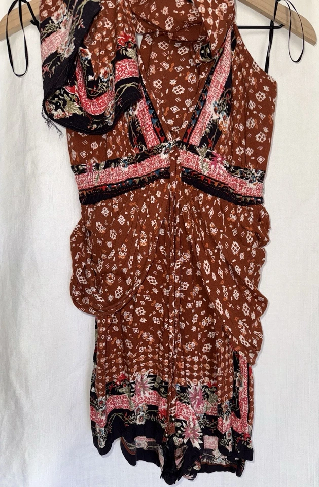 Maxi Vestido Angie Naranja Rojo Marrón Paisley Halter Mameluco Boho Festival Talla S Foto 3 de 4