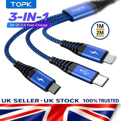 3 in 1 Fast Charge 3 A USB Cable   IOS | USB C | Micro USB - 1m,2m