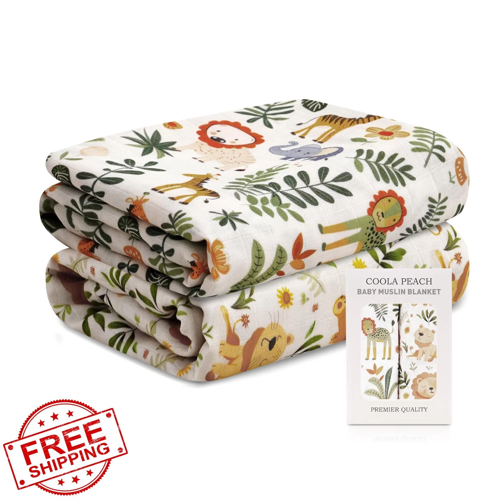 CoolaPeach Muslin Swaddle Blanket Animals 2 Pack 47x43