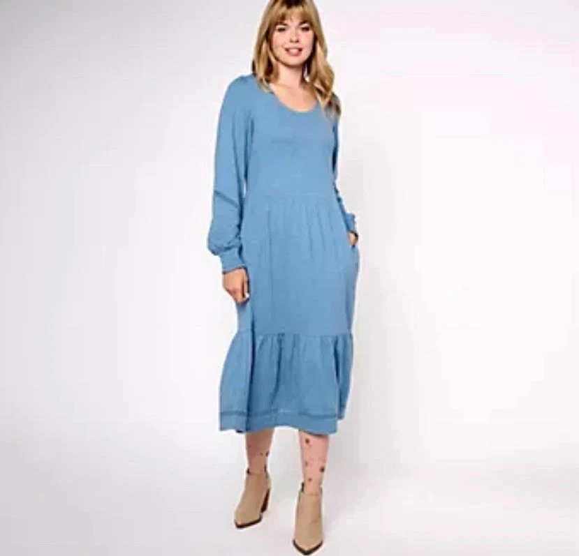 white christmas dresses Bebe Women's Halter Midi Denim Dress, Size 6 in True Blue Wash Metal/Cotton/Spandex