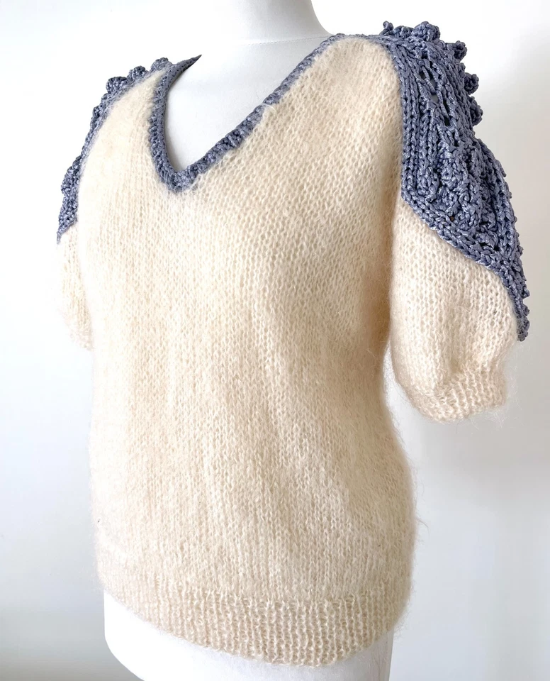 Vintage Size 10 Hand Knitted Cream Mohair Quirky Statement Shoulders Puff Sleeve - Image 4 of 4