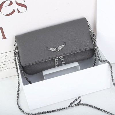 Zadig & Voltaire Rock Wing Grey Leather Bag Interwoven Chain Crossbody 27x15cm