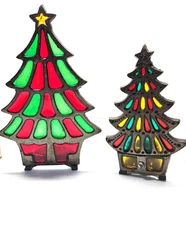 2 Vintage Cast Iron Christmas Tree Candle Holders  Lighted Display 7 1/2" & 6"