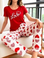 Womens Pajama Set Sleepwear Nightwear Lounge Cozy Short Sleeve Heart Homewear UK
