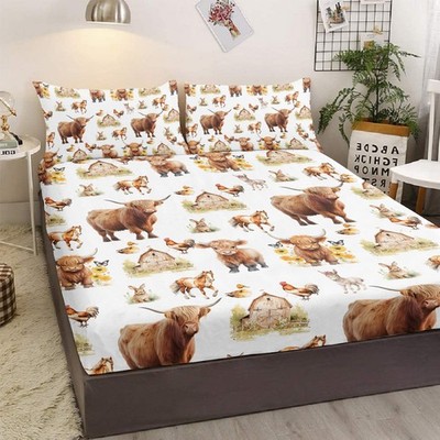 3PCS Farmhouse Sheet Set Cow Animals Fitted Sheet with 2 Pillowcases for Bedding
