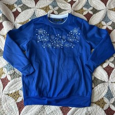 Vintage 90s blue embroidered floral double collar sweatshirt w flowers Size L