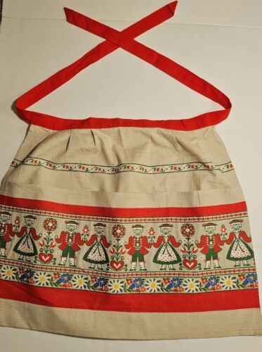 Vintage Küche Halbschürze Österreich Baumwolle Fronttaschen rot MCM niederländische Paare - Bild 1 von 11