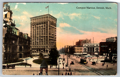 c1910s Campus Martius Detroit Michigan Cable Car Street Vintage Postcard