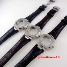 38.3mm Square Watch Case Transparent Back Sapphire Leather Fit NH35 NH36 NH34