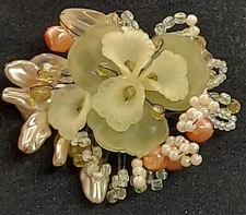 Vintage Molded Plastic Beads Green Gold White Brooch Pin Handmade Floral Flower