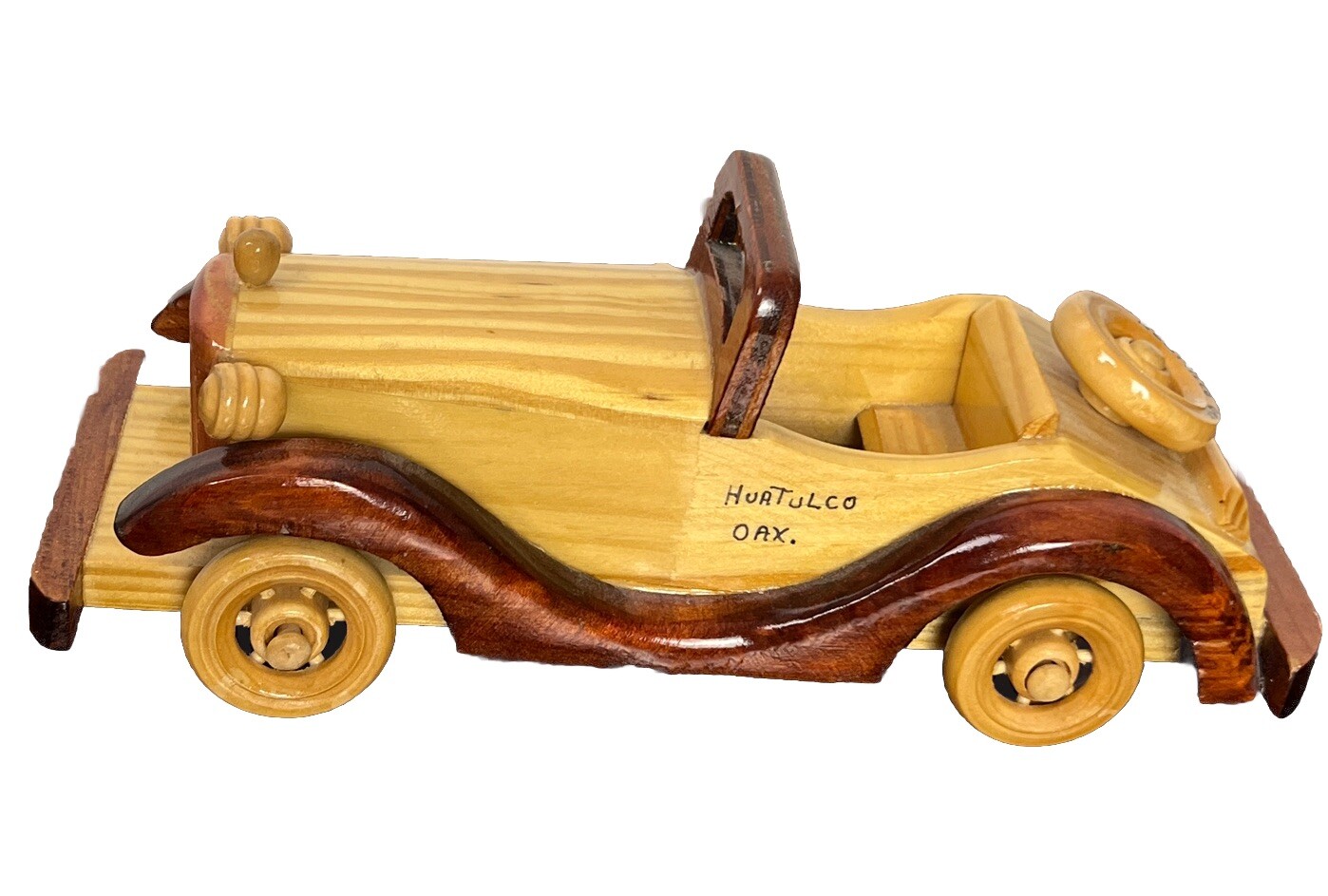 Wood Car Vintage Toy Folk Art Wooden Model 20s Roadster Rolling Wheels Man Cave